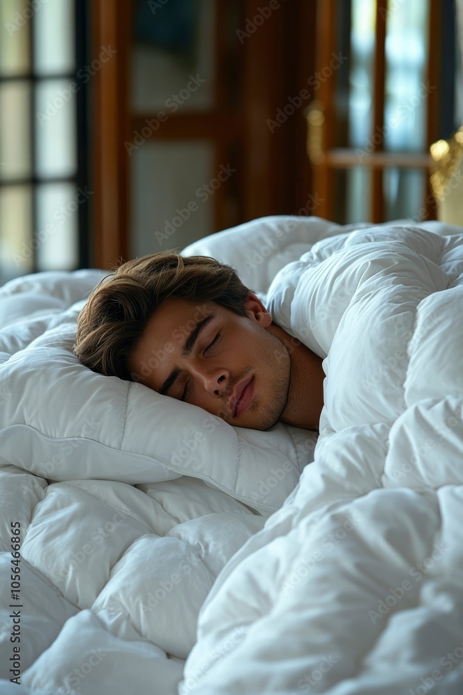 A Man Sleeping Deeply in a White Bed with a White Duvet and Pillow A Man Sleeping Deeply in a White Bed with a White Duvet and Pillow
