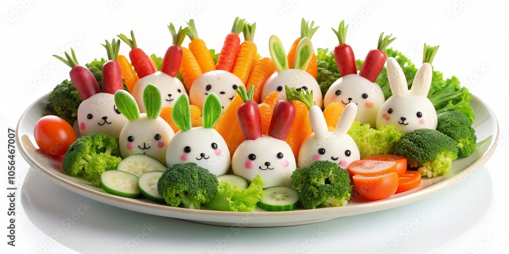 Fototapeta premium Bunny-fied Eggs A Playful Easter Salad with Carrot Ears, Broccoli, and Cucumber
