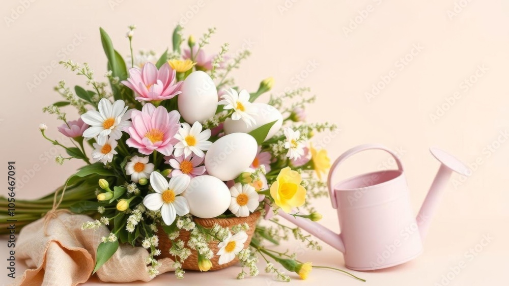 Minimalist Easter spring composition featuring white eggs in eco-friendly packaging and a floral bouquet in a watering can on a light background with copy space, composition, packaging Minimalist Easter spring composition featuring white eggs in eco-friendly packaging and a floral bouquet in a watering can on a light background with copy space, composition, packaging