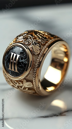 Elegant gold ring with black stone and intricate floral designs