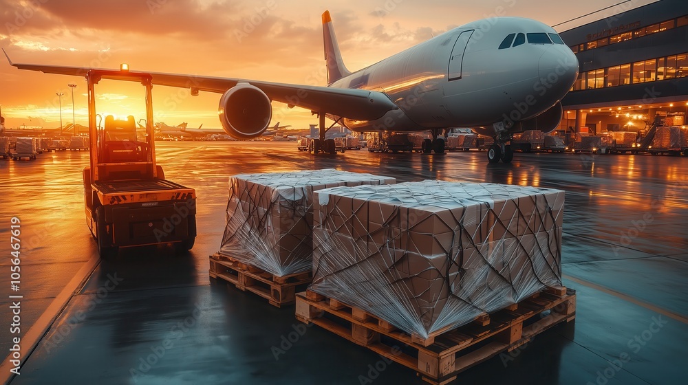 Air cargo pallets awaiting loading at sunset. Cargo pallets secured in netting, ready for loading onto a cargo plane at sunset, representing the efficiency of international air freight logistics. Air cargo pallets awaiting loading at sunset. Cargo pallets secured in netting, ready for loading onto a cargo plane at sunset, representing the efficiency of international air freight logistics.