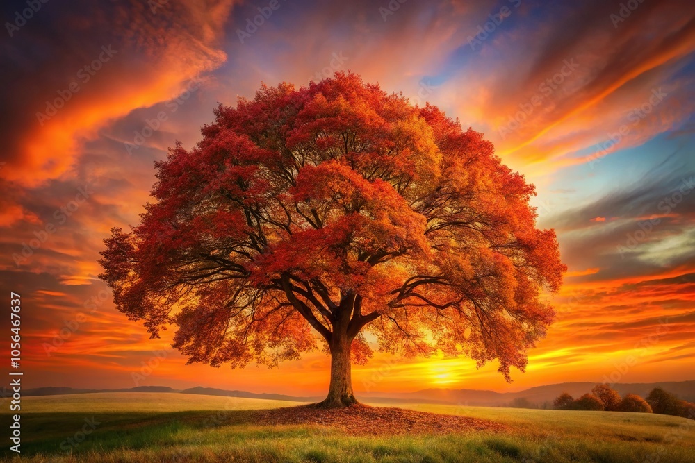 Fototapeta premium A majestic tree stands tall against the backdrop of a vibrant orange and red sunset, its leaves rustling gently in the breeze, tree, nature, serene, warm