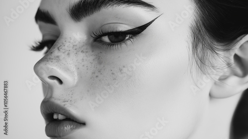 Dramatic Double Winged Eyeliner in Monochrome, creating a high-contrast, stylish portrait with emphasis on the liner