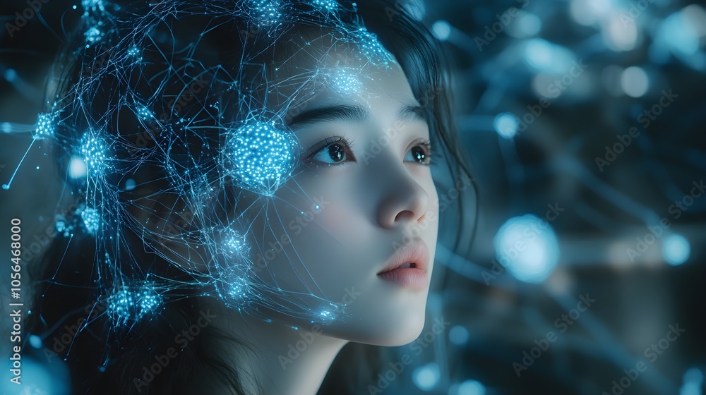 Futuristic woman with illuminated neurons, surrounded by floating holographic data, the intersection of human brainpower and advanced digital systems Futuristic woman with illuminated neurons, surrounded by floating holographic data, the intersection of human brainpower and advanced digital systems