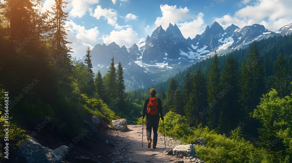 Fototapeta premium Hiker walking to mountains.