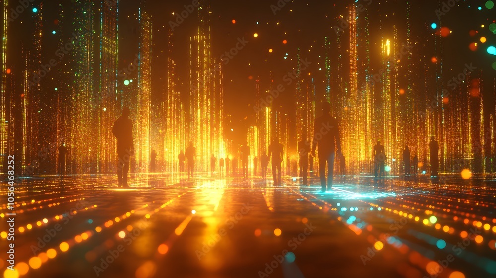 Glowing golden figures, energy beams between them, surrounded by floating holographic elements, vibrant neon aesthetic, sharp contrast, futuristic tech-inspired design, 3D rendering Glowing golden figures, energy beams between them, surrounded by floating holographic elements, vibrant neon aesthetic, sharp contrast, futuristic tech-inspired design, 3D rendering