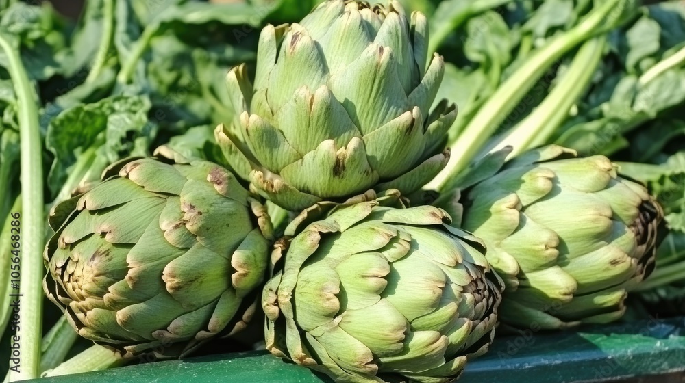 Fototapeta premium Group of fresh artichokes on display. Perfect for showcasing healthy food, cooking, or a healthy lifestyle.
