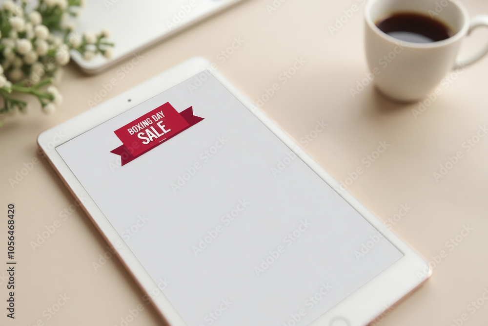Boxing day sale concept with tablet and coffee for online shopping and holiday marketing Boxing day sale concept with tablet and coffee for online shopping and holiday marketing