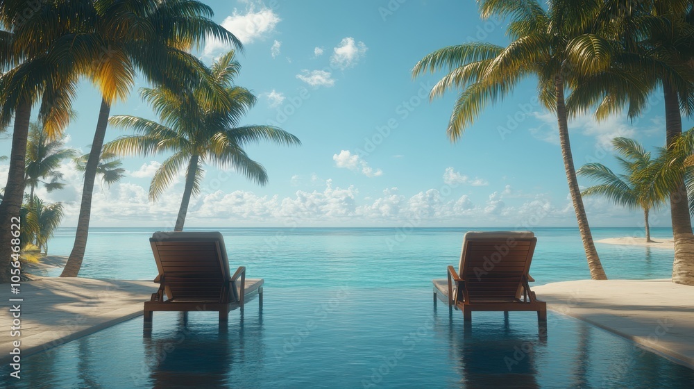 A couple enjoying a luxury beach resort holiday package with palm trees and clear blue water focus on, tropical getaway, vibrant, overlay, island beach backdrop A couple enjoying a luxury beach resort holiday package with palm trees and clear blue water focus on, tropical getaway, vibrant, overlay, island beach backdrop