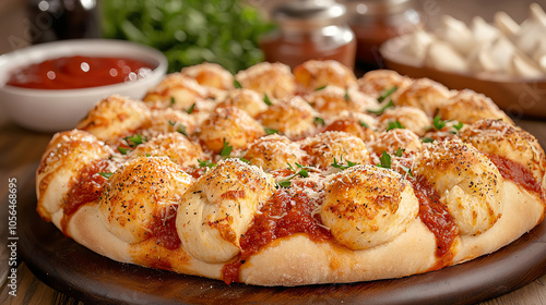 Delicious pizza with garlic knots and marinara dip a perfect combination of flavors and textures