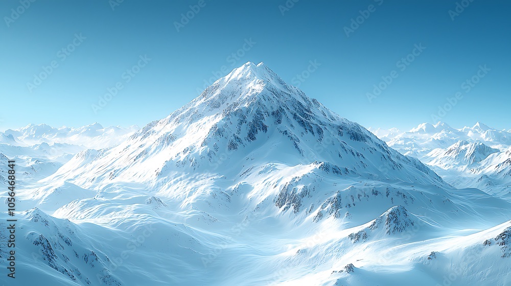 Majestic snow-capped mountain peak rises above a vast, pristine, snow-covered landscape. The clear blue sky adds to the serene beauty of the scene. Majestic snow-capped mountain peak rises above a vast, pristine, snow-covered landscape. The clear blue sky adds to the serene beauty of the scene.
