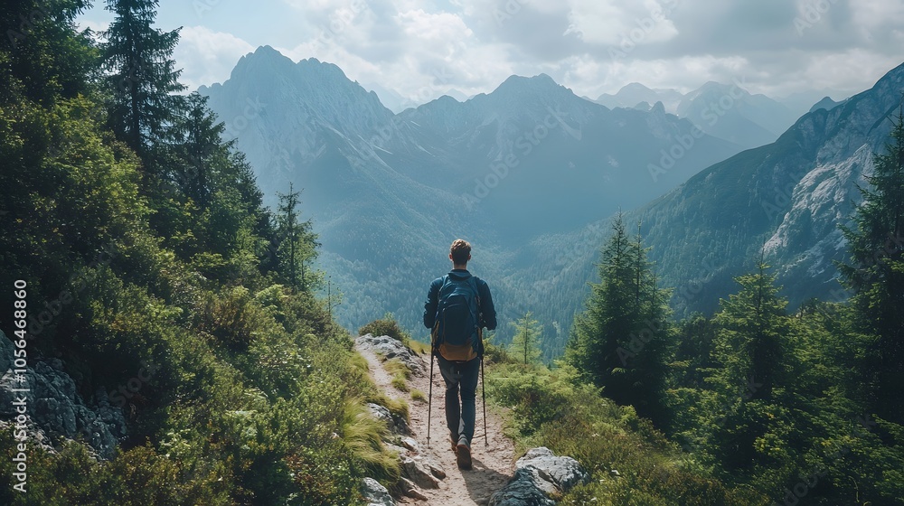 Hiker walking to mountains. Hiker walking to mountains.