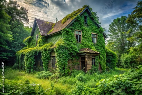 A mysterious and eerie green abandoned house with overgrown vegetation, rural decay, nature invasion