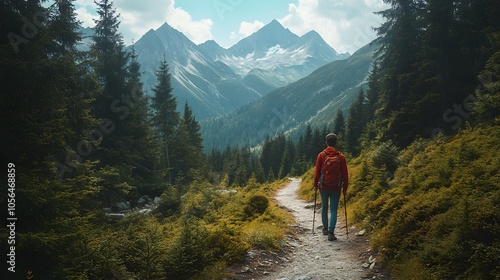 Hiker walking to mountains. 