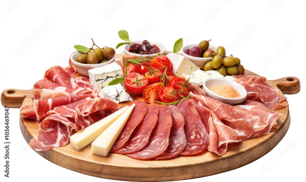 Platter featuring salami, prosciutto, on transparent background Platter featuring salami, prosciutto, on transparent background