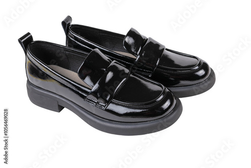 Sleek Black Patent Leather Loafers - Modern Fashion Footwear with Chunky Sole. Transparent background. photo