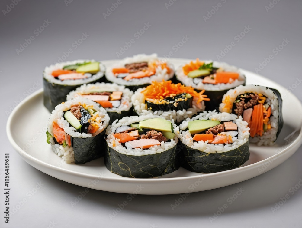 Kimbap Rolls on White Plate with Clean Background