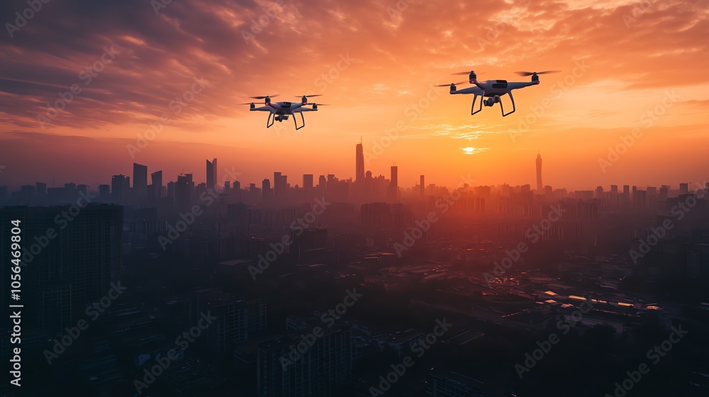 Fototapeta premium Two drones fly over a city skyline at sunset, capturing the cityscape from above.