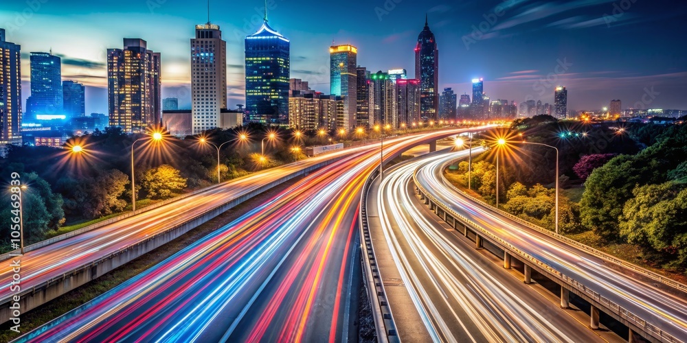 Cityscape at Twilight with Blurred Light Trails on Highway Cityscape at Twilight with Blurred Light Trails on Highway