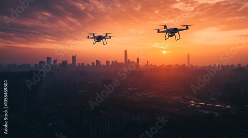 Two drones fly over a city skyline at sunset, capturing the cityscape from above.