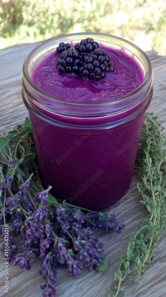 Vibrant purple smoothie topped with fresh blackberries and herbs in a jar Vibrant purple smoothie topped with fresh blackberries and herbs in a jar