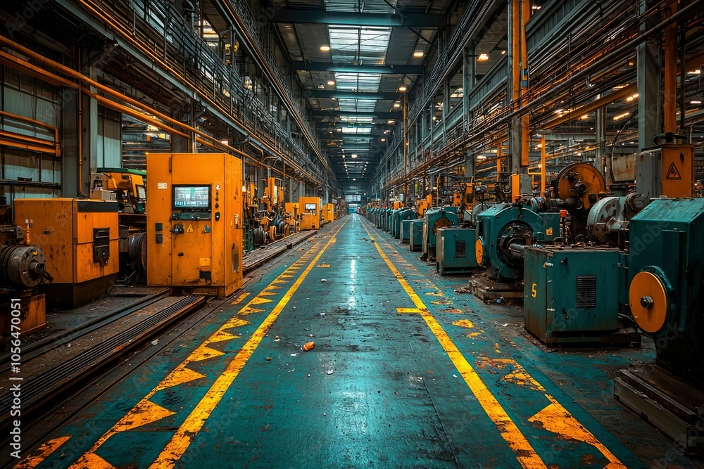 Industrial Factory Interior with Machinery and Yellow Lines Industrial Factory Interior with Machinery and Yellow Lines