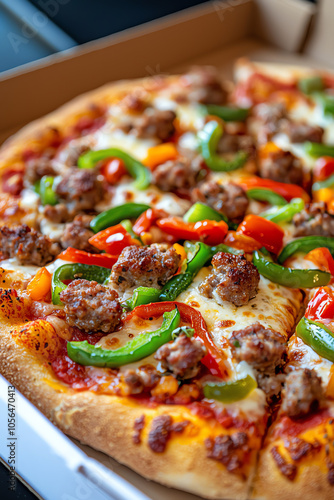 Deliciously colorful pizza with spicy sausage and vibrant peppers for a flavorful feast