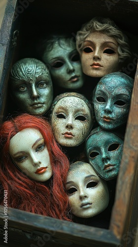 Collection of unique decorative masks in a wooden box