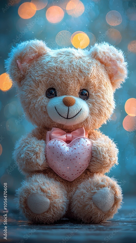 Cute teddy bear holding a heart against a dreamy background Cute teddy bear holding a heart against a dreamy background