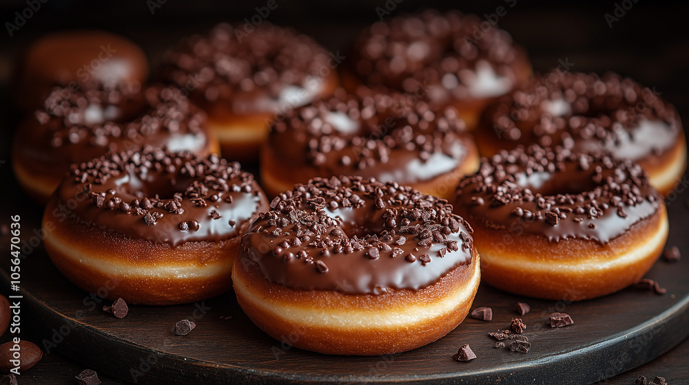 Delicious Chocolate Glazed Donuts with Sprinkles on a Wooden Plate Delicious Chocolate Glazed Donuts with Sprinkles on a Wooden Plate