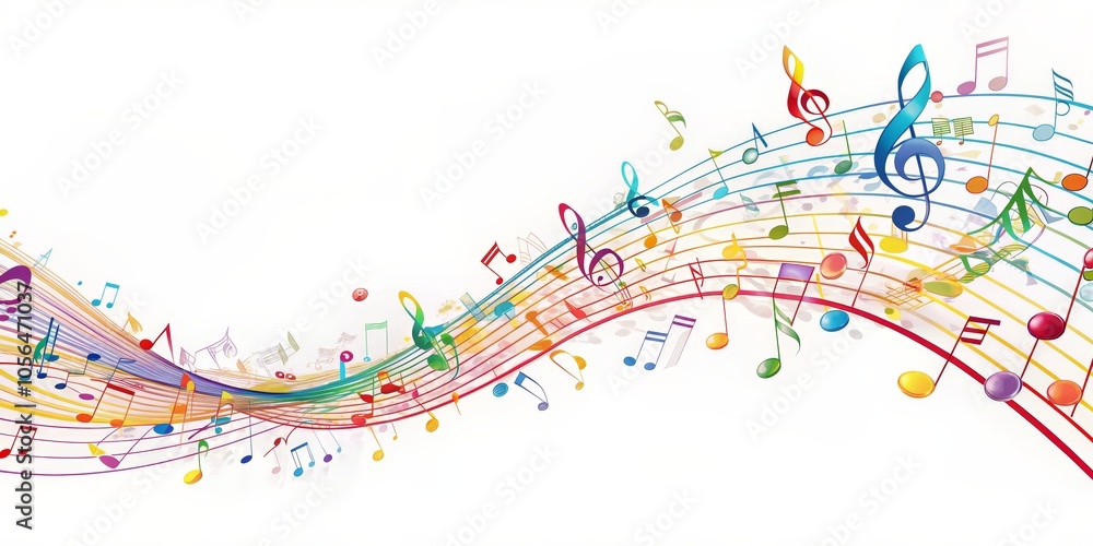 Naklejka premium Colorful Music Notes on a White Background in a Wavy Composition