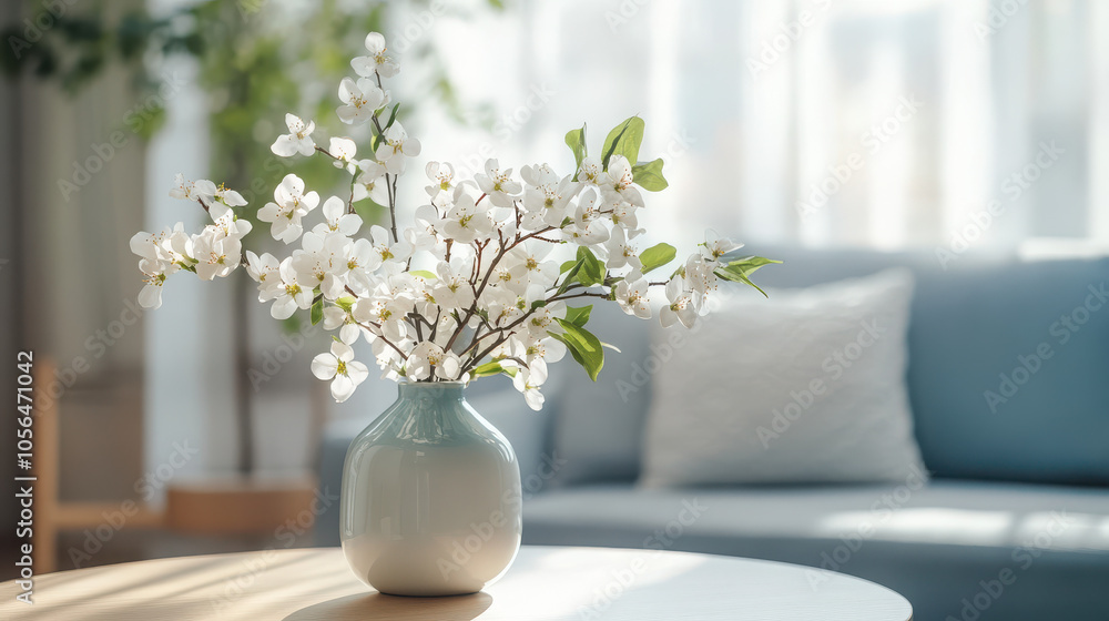 A vase with white flowers sits on a table in a bright, modern living space. A vase with white flowers sits on a table in a bright, modern living space.