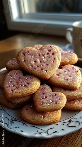 Heart-shaped cookies decorated with colorful sprinkles on a plate photo