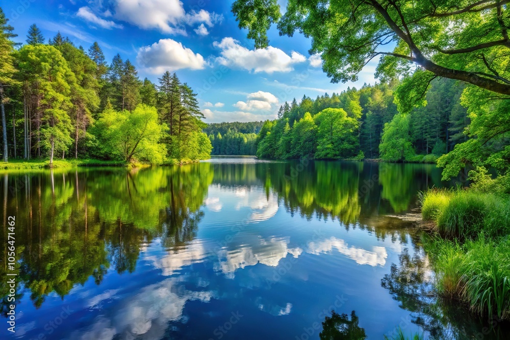 A serene and peaceful lake surrounded by tall trees and lush greenery, forest, water A serene and peaceful lake surrounded by tall trees and lush greenery, forest, water