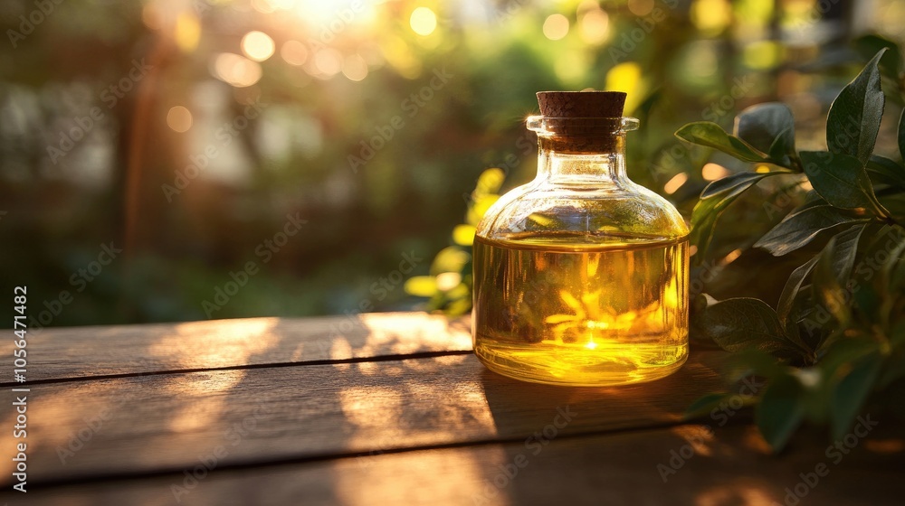 A glass bottle of oil on wood table. Perfect for natural product marketing, health and beauty websites. A glass bottle of oil on wood table. Perfect for natural product marketing, health and beauty websites.