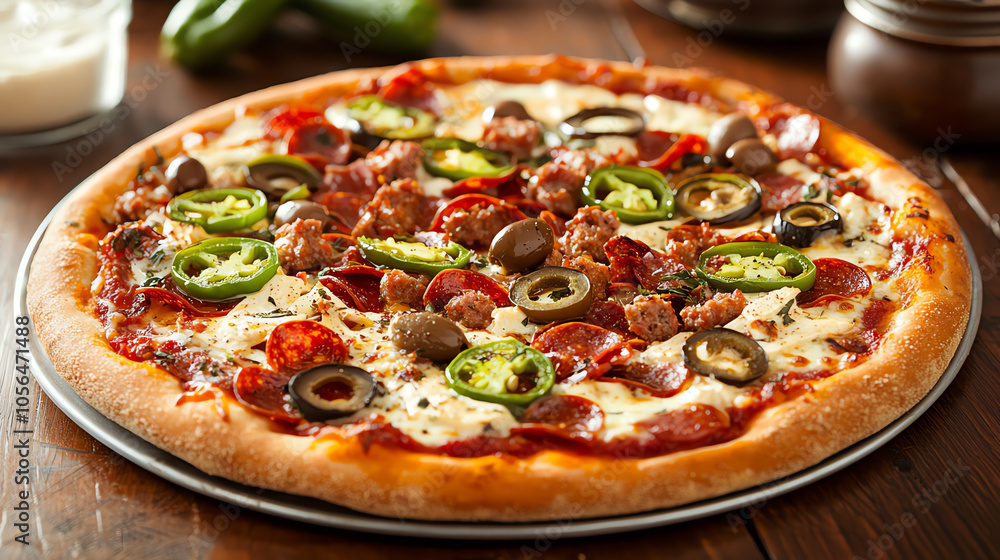 Deliciously spicy pizza loaded with jalapenos olives and chorizo for a flavor explosion Deliciously spicy pizza loaded with jalapenos olives and chorizo for a flavor explosion