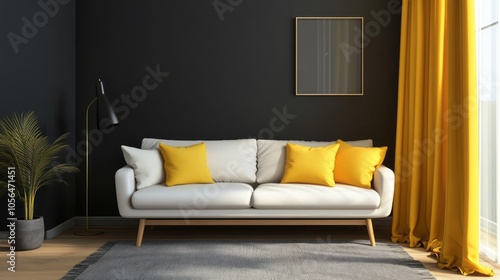 Wallpaper Mural A contemporary living room with dark gray walls, a white sofa, and bold lemon yellow cushions Torontodigital.ca