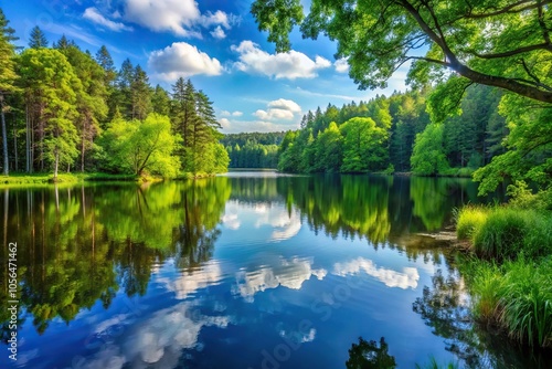A serene and peaceful lake surrounded by tall trees and lush greenery, forest, water
