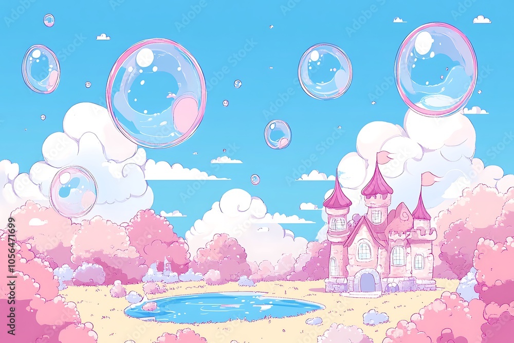 Fantasy Castle with Pink Bubbles in a Magical Sky. Fantasy Castle with Pink Bubbles in a Magical Sky.