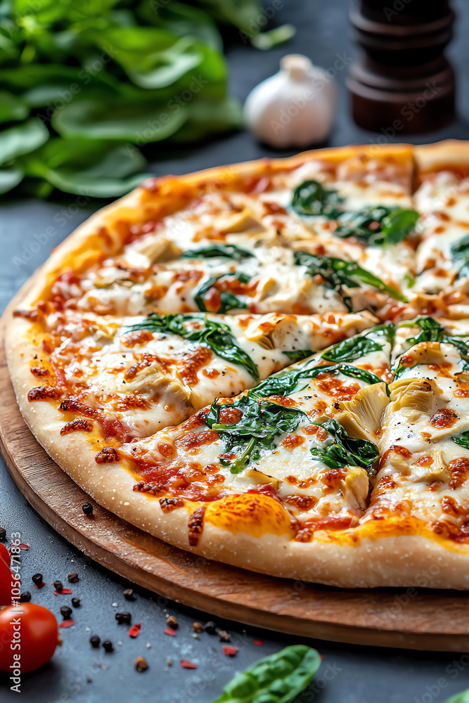 Delicious spinach and artichoke pizza with creamy white sauce a culinary delight for pizza lovers Delicious spinach and artichoke pizza with creamy white sauce a culinary delight for pizza lovers