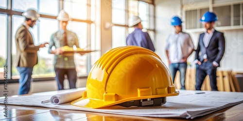 Construction Planning Yellow Hard Hat on Blueprints with Blurred Engineers in Background
