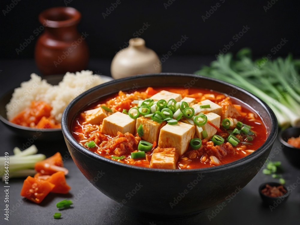 Kimchi Jjigae with Tofu and Green Onion Garnish Kimchi Jjigae with Tofu and Green Onion Garnish
