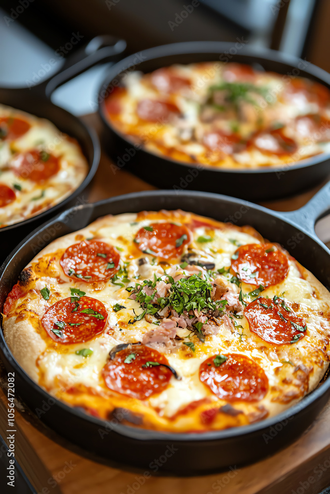 Deliciously cozy pizzas cooked in small cast iron pans for homestyle enjoyment Deliciously cozy pizzas cooked in small cast iron pans for homestyle enjoyment