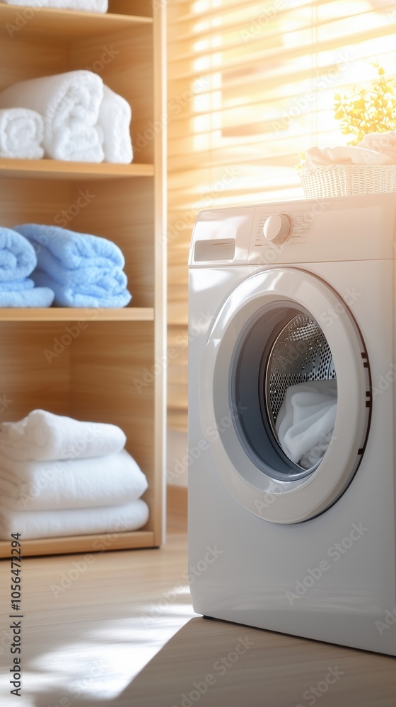 A modern washing machine in a bright laundry room with neatly stacked towels on shelves. A modern washing machine in a bright laundry room with neatly stacked towels on shelves.