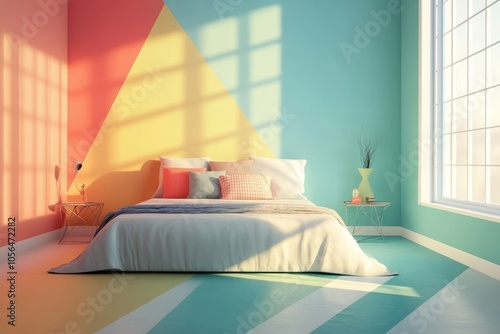 A bright, modern bedroom featuring a colorful geometric wall design, large sunlit window, and minimalist decor.