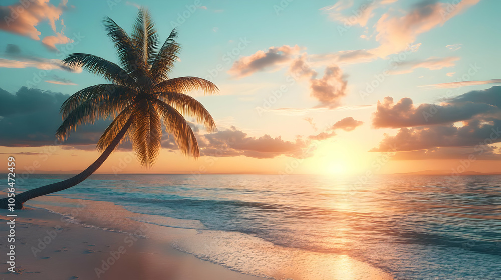 Palm Tree Sunset Beach Scene - 3d Illustration Palm Tree Sunset Beach Scene - 3d Illustration
