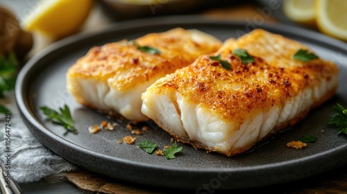 Two crispy, golden fish fillets on a plate. Perfect for menus, cookbooks, and food blogs.