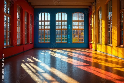 Sunlit Room with Colorful Walls and Arched Windows photo