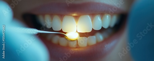 Close-up of a dentist working on a patient's teeth with a dental tool and bright light.