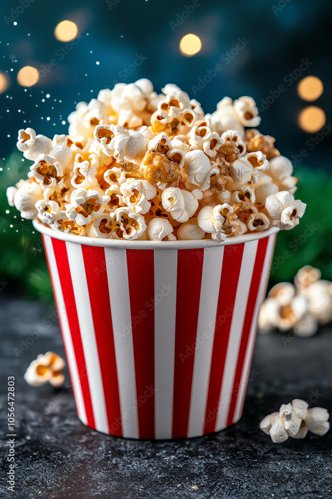 Delightful popcorn in a bright red striped bucket a festive treat for movie lovers and carnival enthusiasts Delightful popcorn in a bright red striped bucket a festive treat for movie lovers and carnival enthusiasts